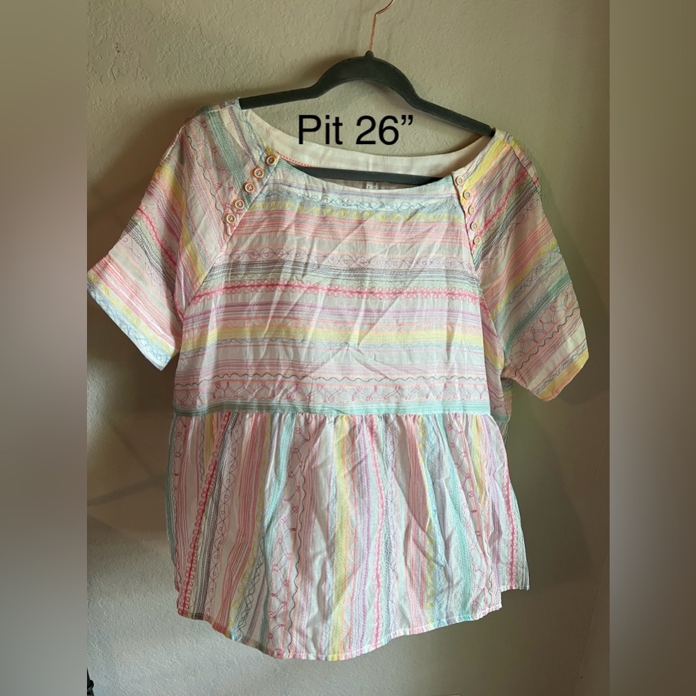 Anthropologie White Neon Embroidered Babydoll Top